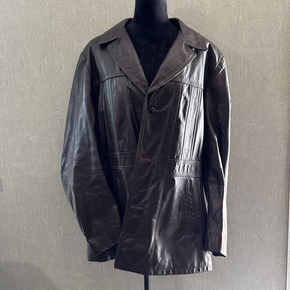VTG 70s Reed Sportswear Brown Leather Car Coat Jacket Mens 46 XL Blazer Matrix